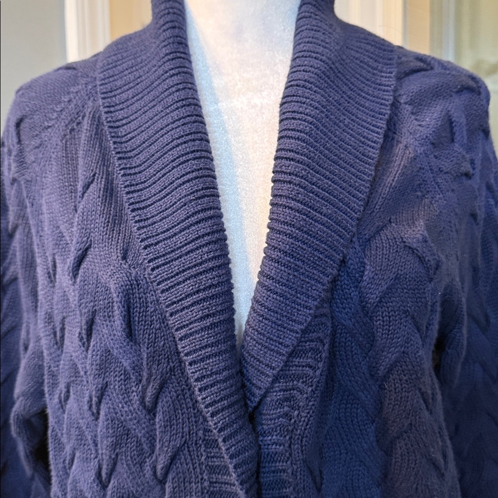 Lands End Cable Knit Cardigan Sweater Navy Medium Shawl Collar Grandmacore - Picture 3 of 8